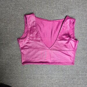 Magenta Pink Faux Leather V-Neck Crop Top Sleeveless Metallic Festival Tank